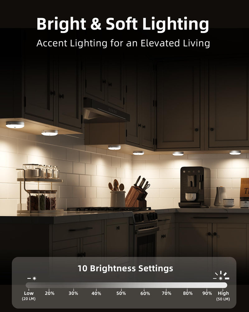 EZVALO Under Cabinet Lighting, Rechargeable Battery Operated Puck Lights with Remote, 3 Color Temps &12 RGB LED Motion Sensor Lights Indoor, Dimmable Magnetic Under Counter Lights for Kitchen (6 Pack) White 6packs