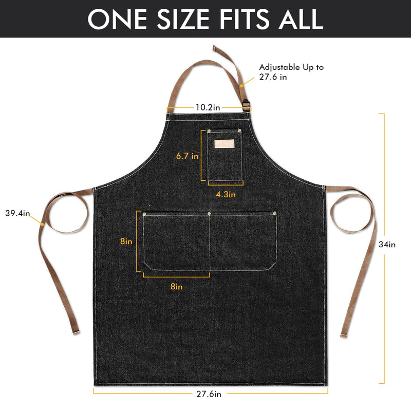 ROTANET Denim Work Apron with 3 Pockets Jean Shop Aprons for Chef Hairstylist Kitchen Woodworking for Men Women Blue Black