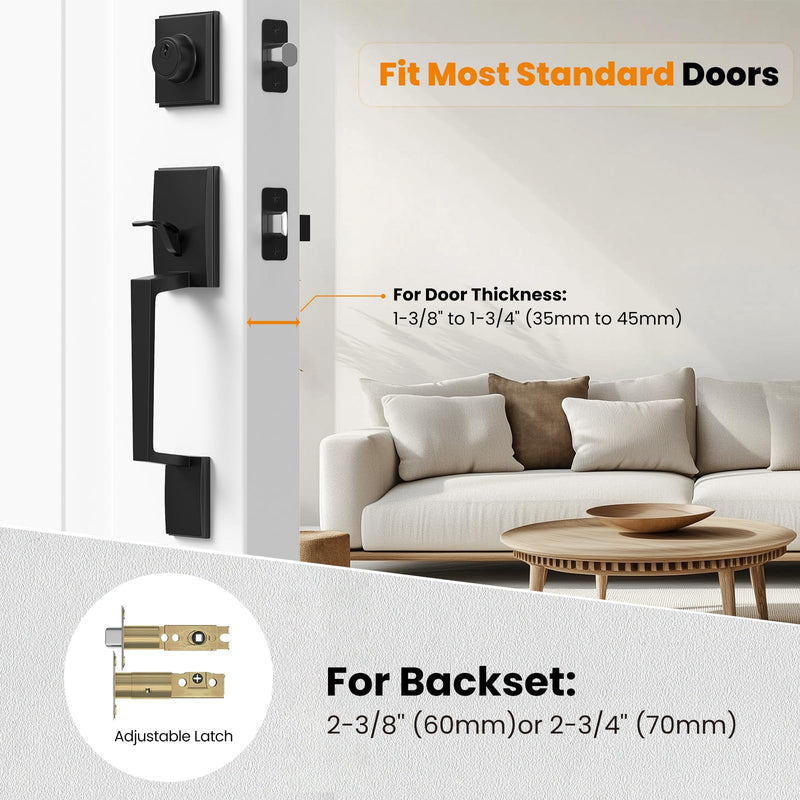HOSOM Front Door Lock Set Black Front Door Handle with Deadbolt and Lever Set Exterior Door Handle Set with Single Cylinder Deadbolt Entry Door Locksets for Right&Left Handed, Matte Black Modern