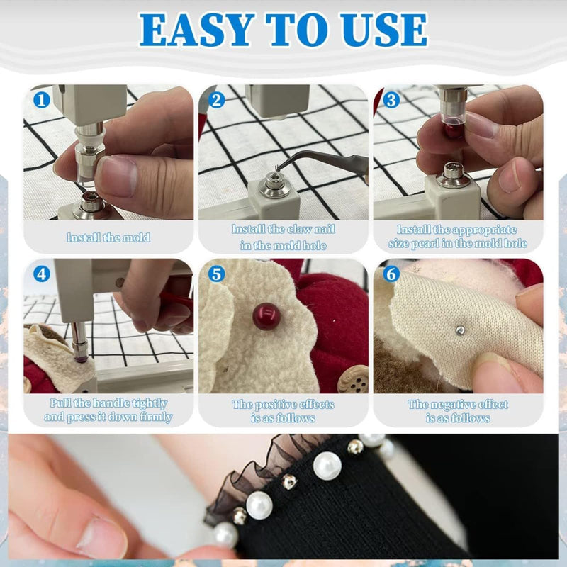 Metacipher Pearl Setting Machine with Pearls Beads Rivet Studs and Tools Kit Pearl Hand Press Tools for Decorating Clothes Hats Shoes Bags Skirts DIY Crafts Beads DIY Accessories White