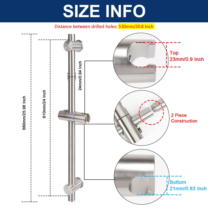 NearMoon Shower Slide Bar with Height/Angle Adjustable Handheld Shower head Holder, Bathroom SUS 304 Stainless Steel Shower Head Holder for Bath (Screw Mounted, Brushed Nickel) Screw Mounted