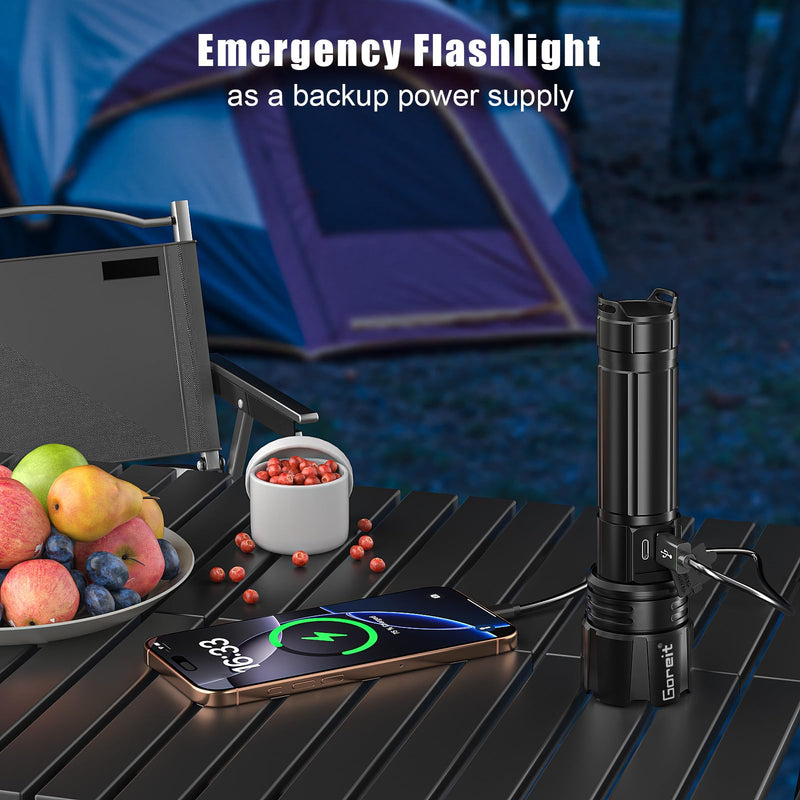 Goreit Super Bright LED Flashlight - 30W Output for 50000 Lumens & 3937ft Beam, USB-C Rechargeable with 12H Runtime, IP67 Waterproof Powerful Handheld Linternas for Home, Camping, Hiking, Emergency Black