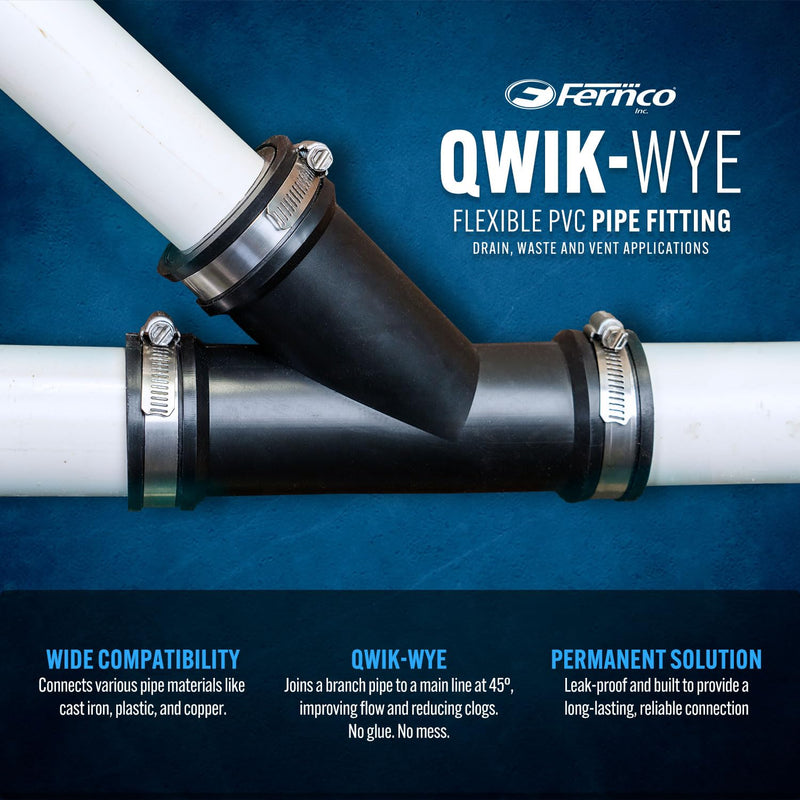 Fernco 2 in. Hub Flexible PVC Wye DWV Pipe Fitting Connector for Cast Iron, Steel and Plastic Connections in Black (Pack of 2) 2 Inch (Pack of 2)