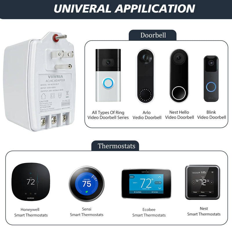 24-Volt AC 40VA Plug-in Doorbell Transformer, Compatible with Ring Wired Video Doorbell, Nest, Ecobee, Sensi, and Honeywell Thermostats, Power Supply for Multiple Smart Doorbells