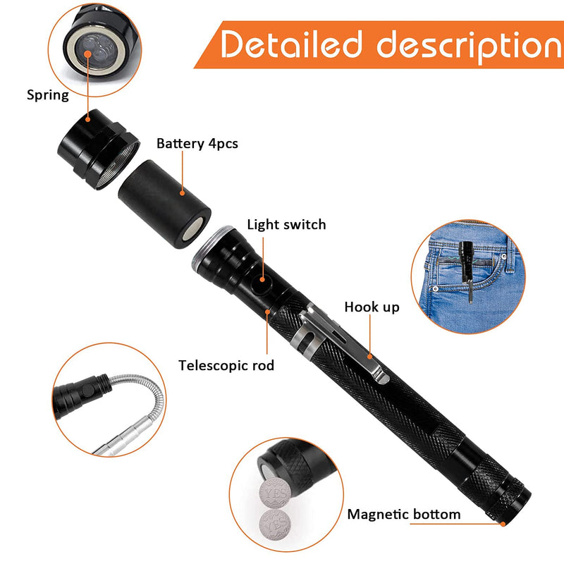 Magnetic Flashlight Gifts for Men Stocking Stuffers for Men Adults Pickup Tool Valentines Day Gifts for Him Husband Cool Telescoping Gadgets with LED Fathers Day Dad Gifts from Wife Daughter Son Black