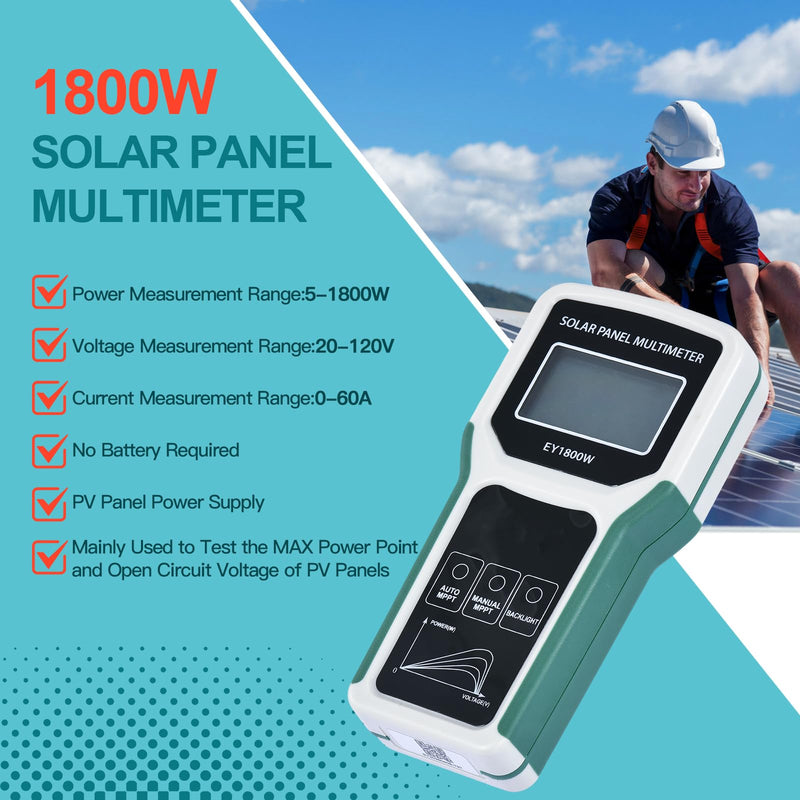 1800W Solar Panel Multimeter Tester, MPPT Photovoltaic Power Meter with LCD Backlight, Auto/Manual Detection, Measures Open Circuit Voltage, Max Power Point Pmax, Vmp, Imp