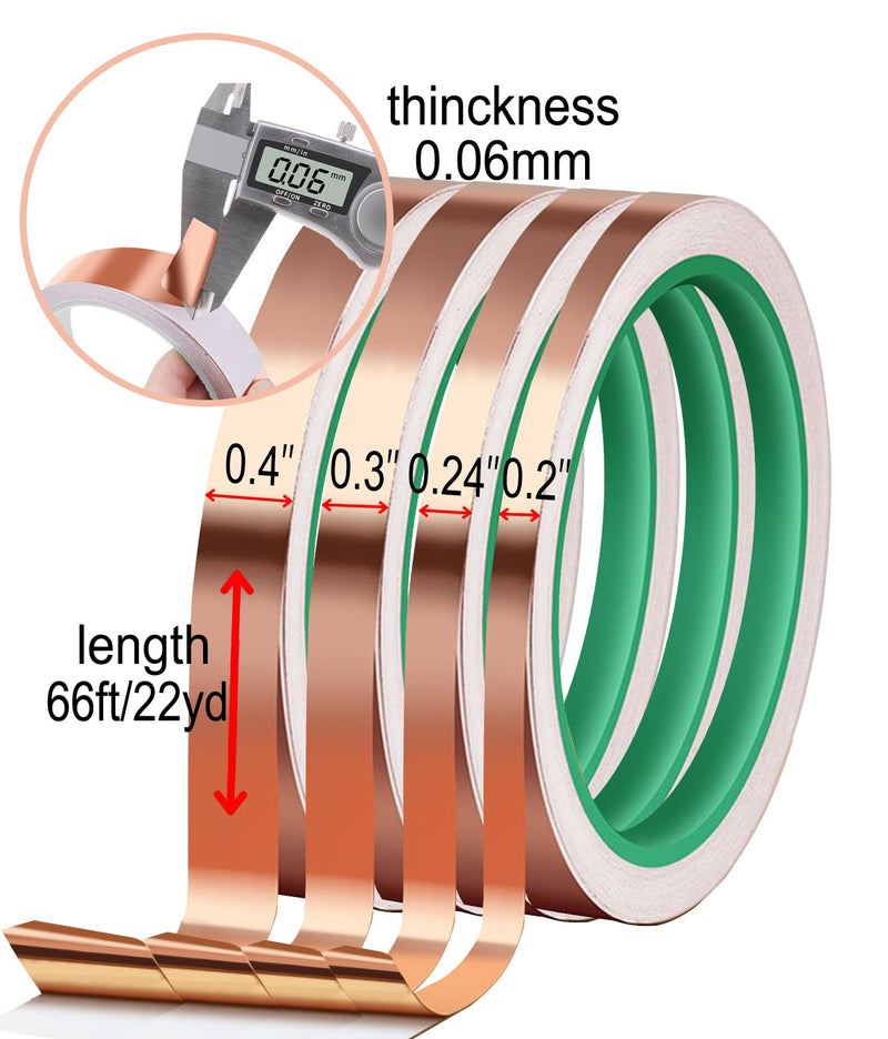 Copper Foil Tape for Stained Glass Assorted Sizes 0.2/0.24/0.3/0.4Inch x 22Yards 4 Rolls Copper Foil Tape Copper Sheilding Tape for Guitars EMI Shielding Soldering Tape Copper Foil Electrical Repairs Double-sided conductive 0.2/0.24/0.3/0.4In*66Ft