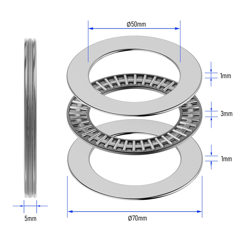2PCS AXK5070 2AS Thrust Needle Roller Bearings with Washers 50mm Bore 70mm OD 5mm Thickness Industry Thrust Bearing AXK5070 Size 50×70×5mm AXK