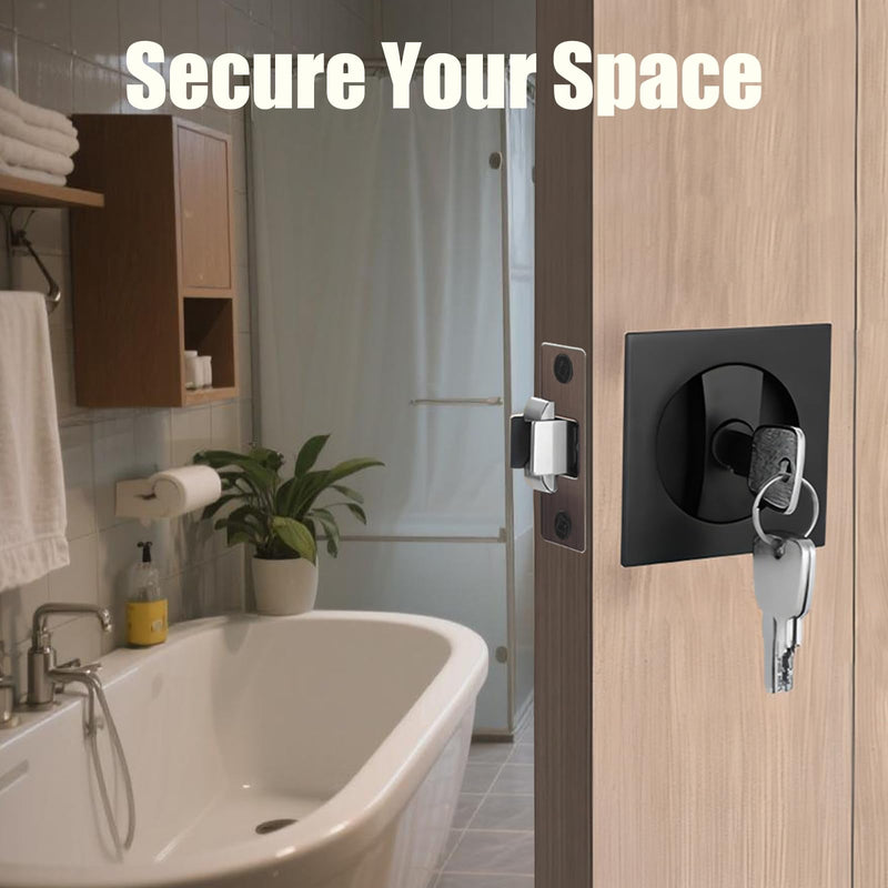 Pocket Door Lock with Key, Matte Black Sliding Door Hardware Privacy Door Latch Bifold Door Locks for Bathroom Bedroom Home Replacement, Fit for Standard Doors with 1" Diameter Holes