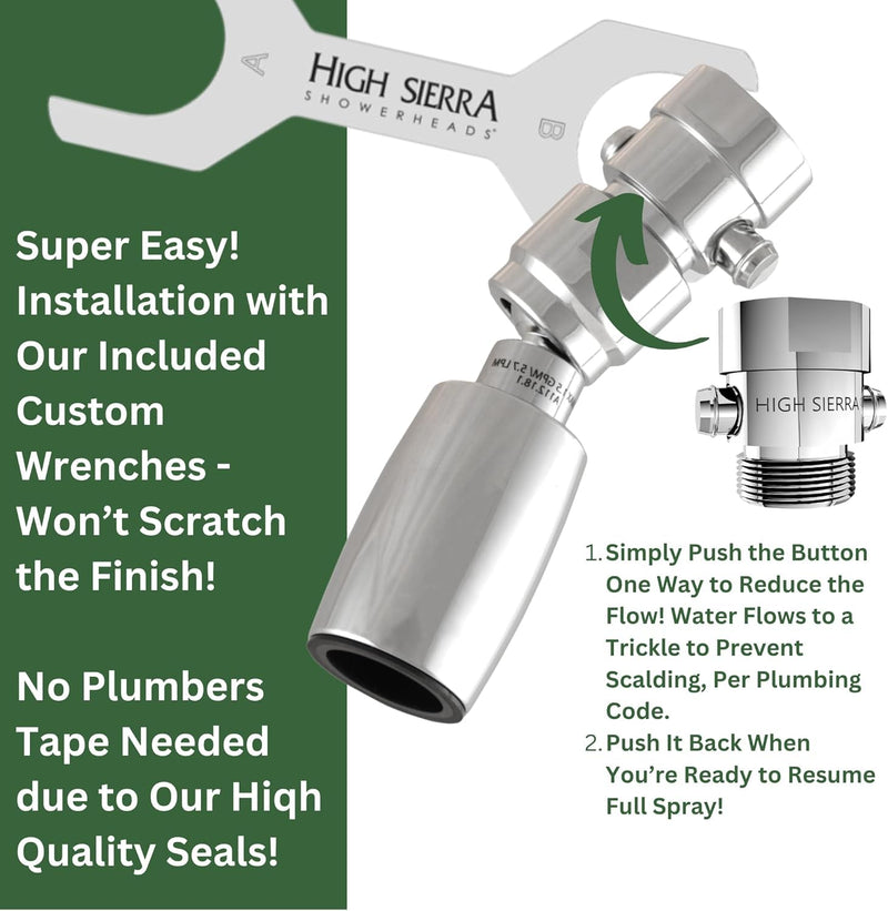High Sierra® - CLASSIC™ Solid Lead-Free Metal 1.5 GPM Award Winning. Ultra Low Flow Shower Head with Trickle Valve. Patented Nozzle Never Clogs - Brushed Nickel Finish