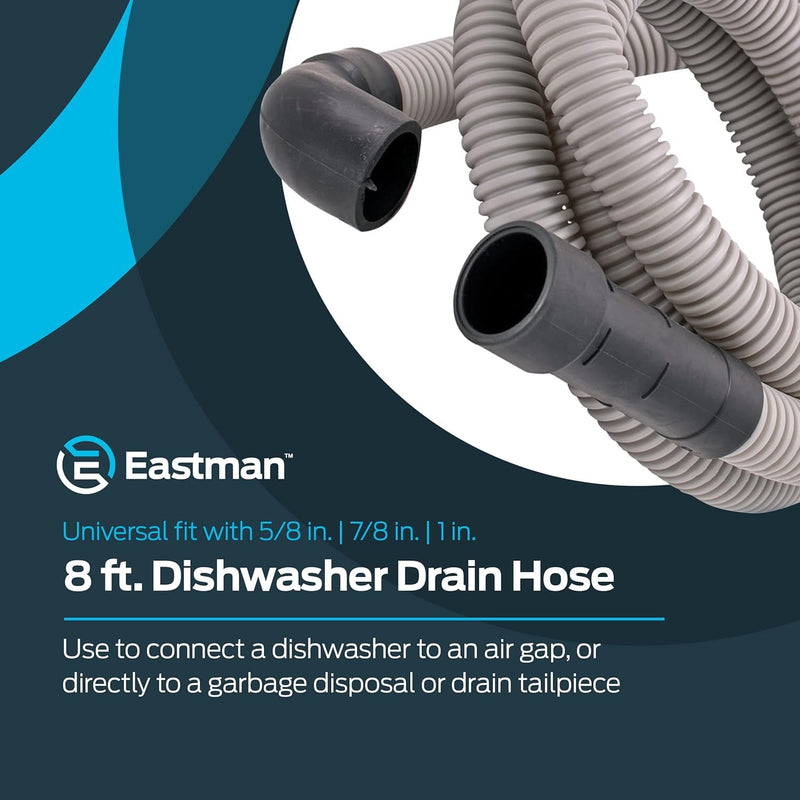 Eastman 8 Foot Dishwasher Drain Hose, Universal Fit with 5/8 Inch, 7/8 Inch, or 1 Inch OD Drain Outlet, 90 Degree Rubber Elbow, Corrugated, Gray PVC, 91218 8 Ft. - NewNest Australia