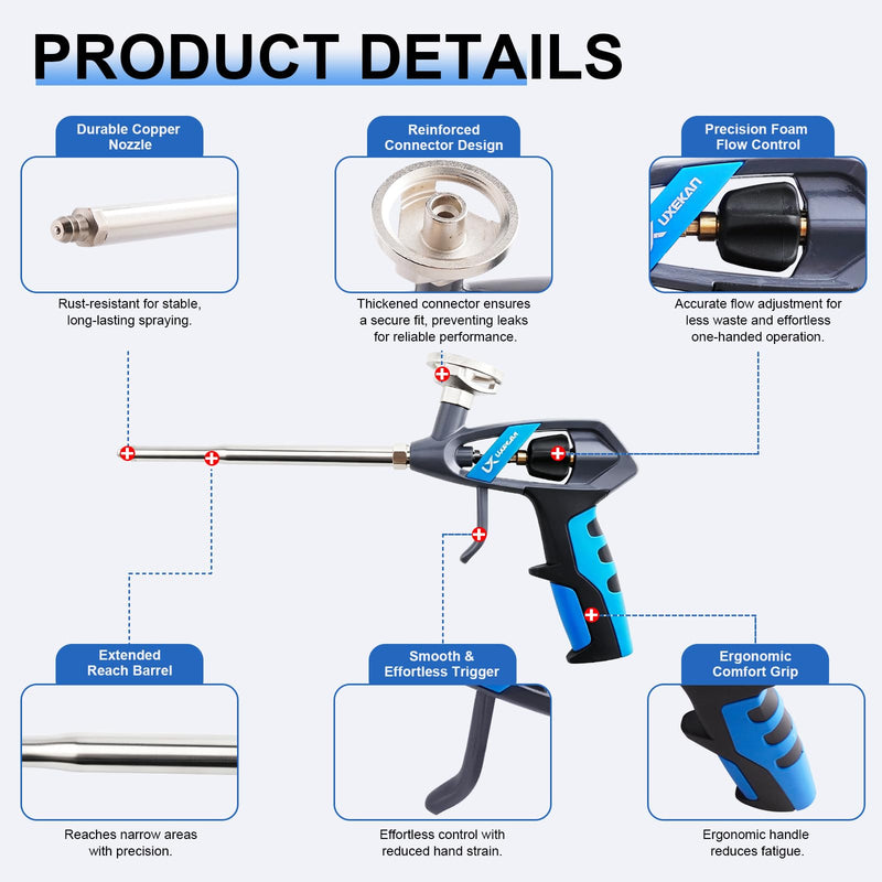 Professional Spray Foam Gun PTFE Coated Gun Body with 4 Extenders