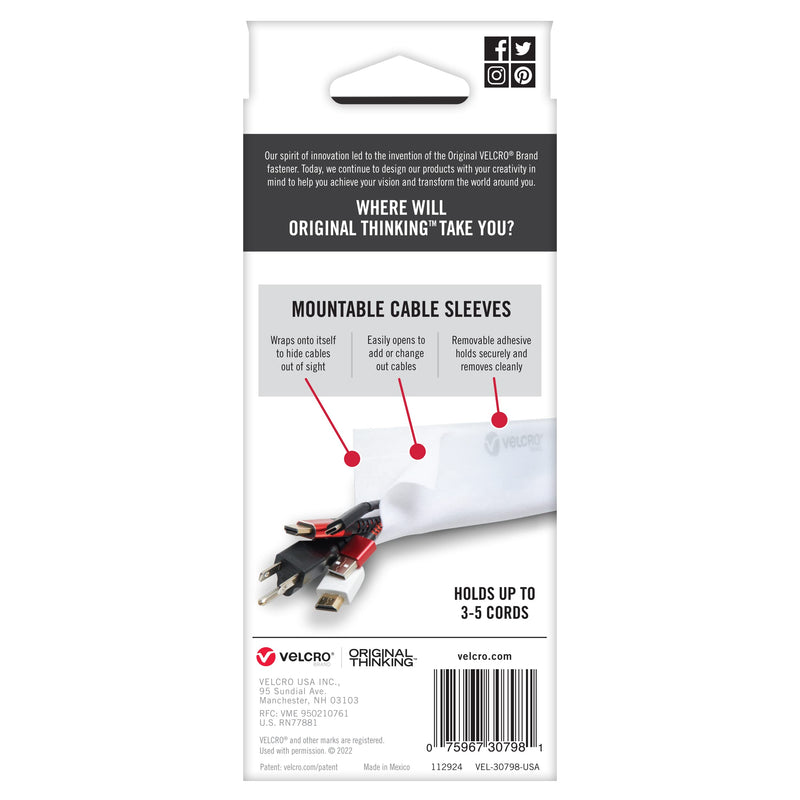 VELCRO Brand Cable Sleeves. Organize Messy Wires on Desk, Behind TV or Game Console. 16-Inch (2x8in) White. Removable Adhesive Mounts to Smooth Surfaces 8in - 2Pk