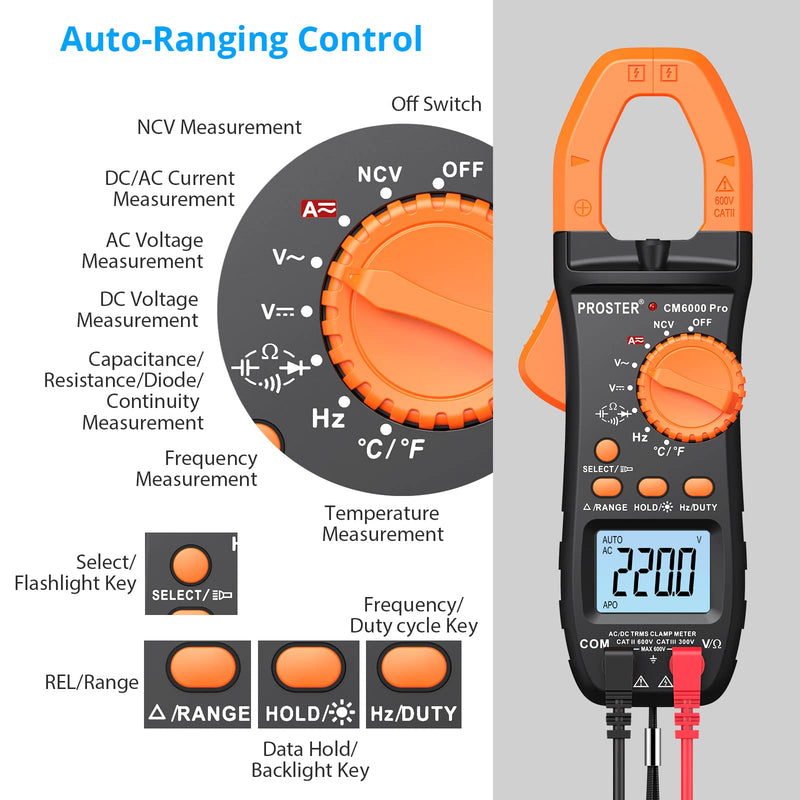 Proster Digital Clamp Meter 6000 Count - 800A DC AC Current AC/DC Voltage Multimter, TRMS NCV Continuity Capacitance Resistance Frequency Diode Hz Tester, with Test Leads, Alligator Clips Black 6000Counts