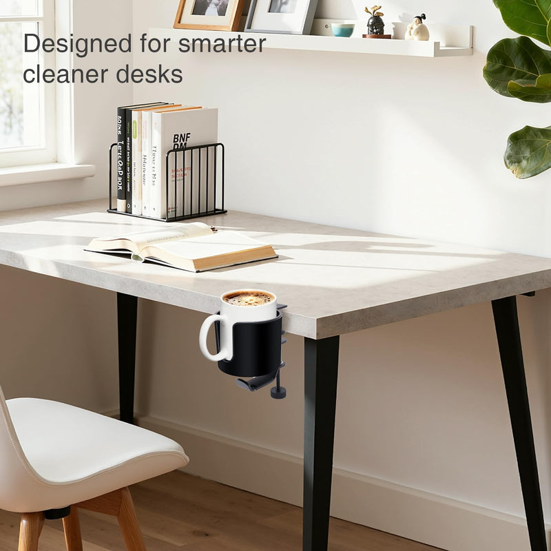 Clamp-On Desk Cup Holder with 360° Rotating Hook – Anti-Spill Drink Holder with No-Scratch Silicone Pads, Fits Mugs & Tumblers – for Home Office, Gaming, Camping & Outdoor Tables