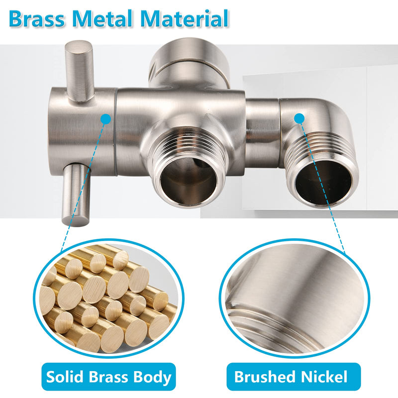 PDPBath Brass 3 Way Shower Arm Diverter Valve for Handheld Shower Head and Fixed Shower Head, G1/2 Universal Connection - Brushed Nickle Brushed Nickel