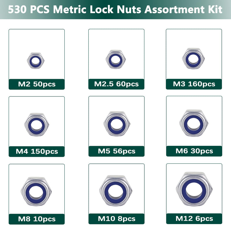 Metric Lock Nut Assortment Kit, 530PCS Nylon Insert Lock Nuts Set, 304 Stainless Steel Standard Thread Nylock Nuts for Bolt M2 M2.5 M3 M4 M5 M6 M8 M10 M12, Hex Lock Nuts Assortment Kit Metric 530PCS