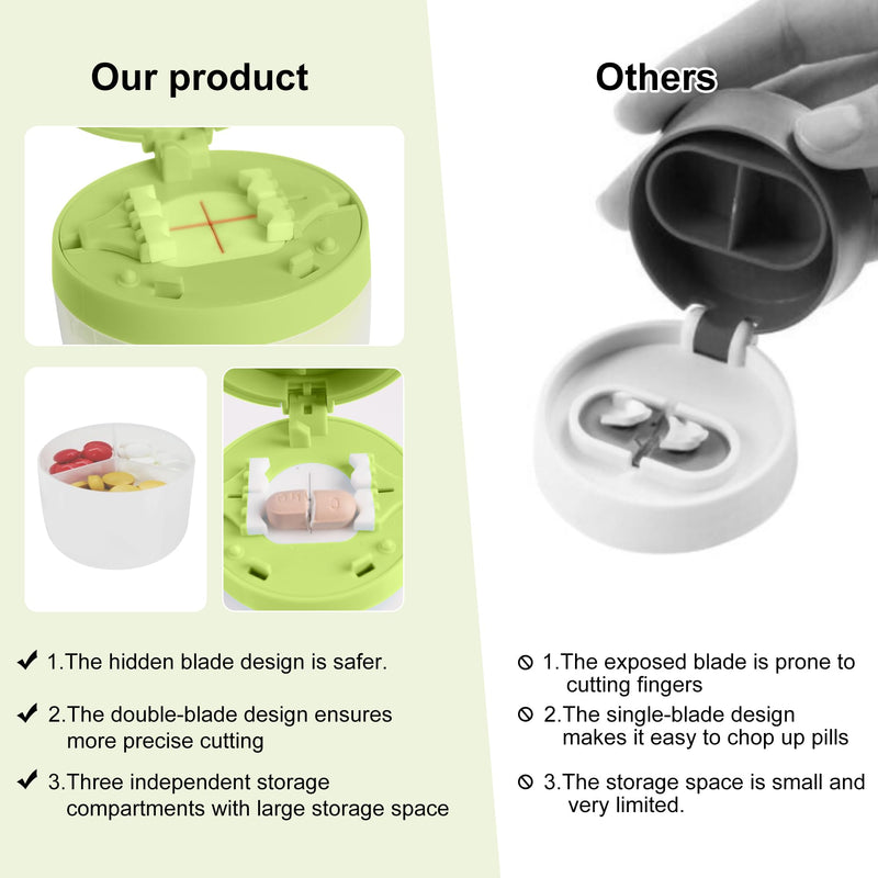 Multi-Function Pill Cutter, 1/2 and 1/4 Pill Splitter for Small and Tiny Pills,Portable and Adjustable Cutter,Storage Case Green