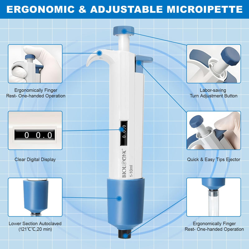 Micropipette, 1-10ml Adjustable Single Channel Pipette, 1000-10000ul Manual Variable Volume Pipettor for Laboratory Scientific