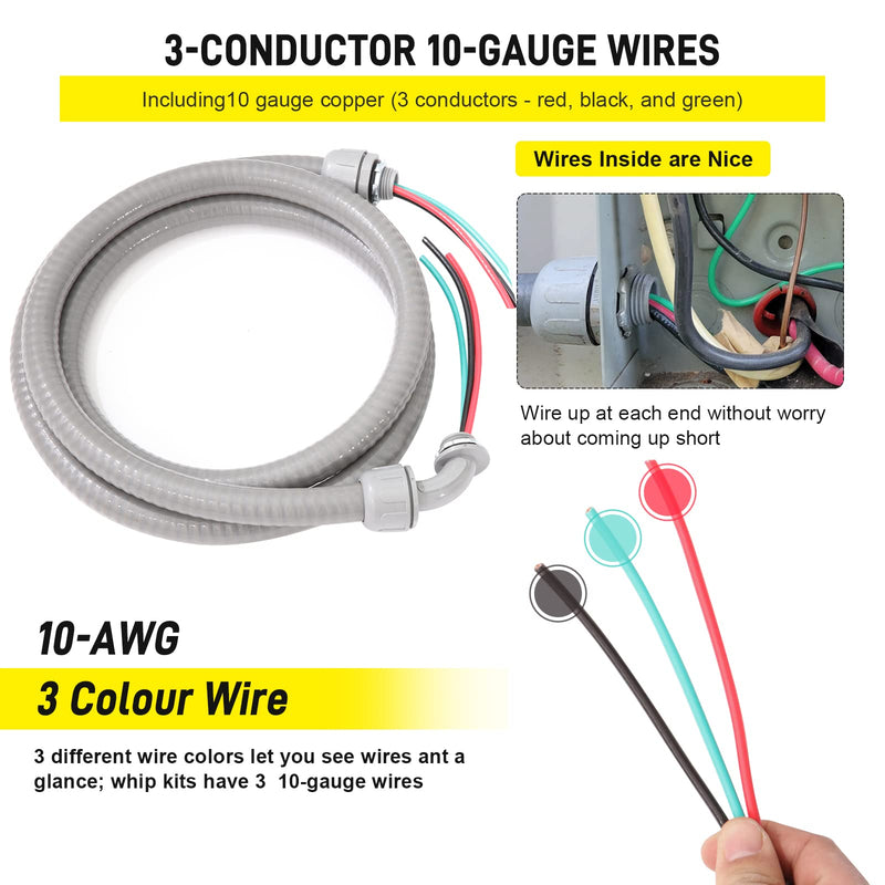 Power Whip Assembly Kit -1/2" x 4ft Non-Metallic Liquid Tight with 10 Gauge Wire Electrical AC Whip Kit Flexible Electrical Conduit & straight/90°Fittings