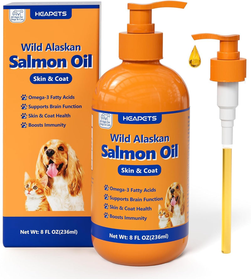 Wild Alaskan Salmon Oil for Dogs & Cats, Fish Oil Omega 3 Supplements with EPA & DHA for Skin & Coat, Immune, Brain, Joint and Heart Health, Dog & Cat Fish Oil Supplements with Pump- 8 oz 8 Fl Oz
