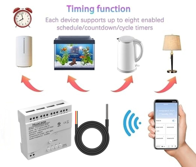 Zigbee 4CH Temperature Monitoring Switch,12V Dry Contact Smart Relay Module,Tuya App Remote Control,with Waterproof Sensor Probe(Tuya Zigbee hub needed) 4CH 12V