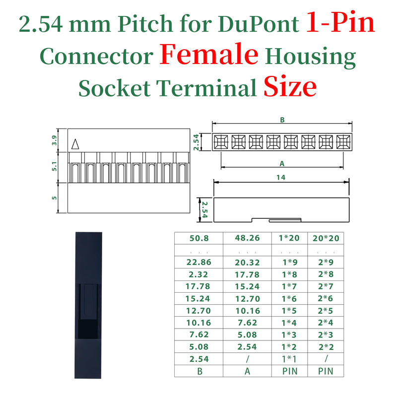 100 Sets / 200 Pieces for Dupont 2.54 mm Pitch 1-Pin Adapter Connector Female Housing Black Socket Terminal Compatible with Wires Cable 30-26 AWG Accessories, Header Crimp Pins Kit 1-Pin Female Black-Single Row