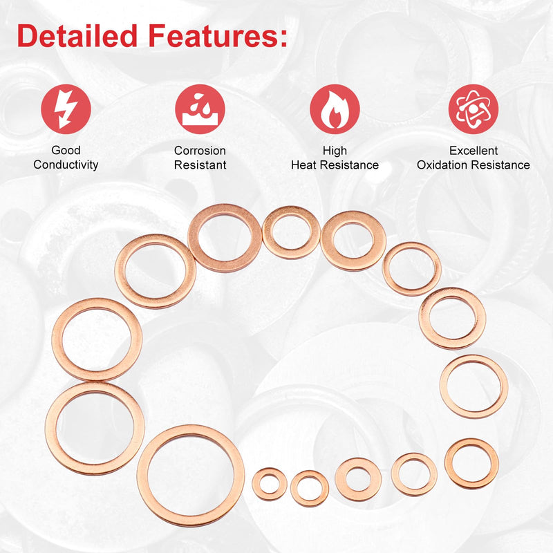 150Pcs Copper Sealing Washers M22 M20 M18 M16 M14 M12 M10 M8 M6 M5 15 Size Crush Washers Assortment Kit (Copper)