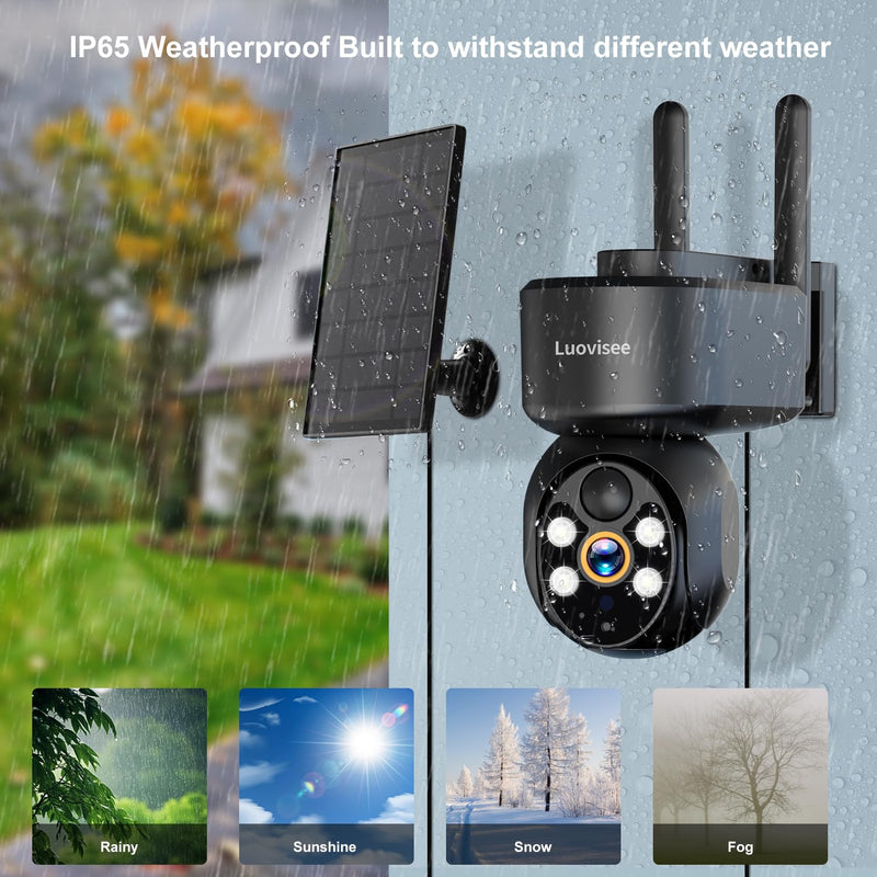 2K Solar Security Camera Wireless Outdoor,WiFi Cameras for Home Security Battery-Powered,Compatible with Alexa,360°PTZ Full Color Night Vision,PLR Alarm,2-Way Audio,Cloud/SD Storage 1PACK