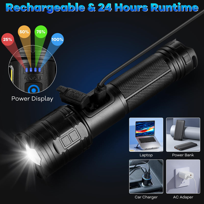 Rechargeable Flashlights 90,000 High Lumens - 2 Pack, Super Bright Flash Light with 7 Lighting Modes, 24H Long Life Powerful Flashlight with Side Light, IPX7 Waterproof Flashlight for Camping Home