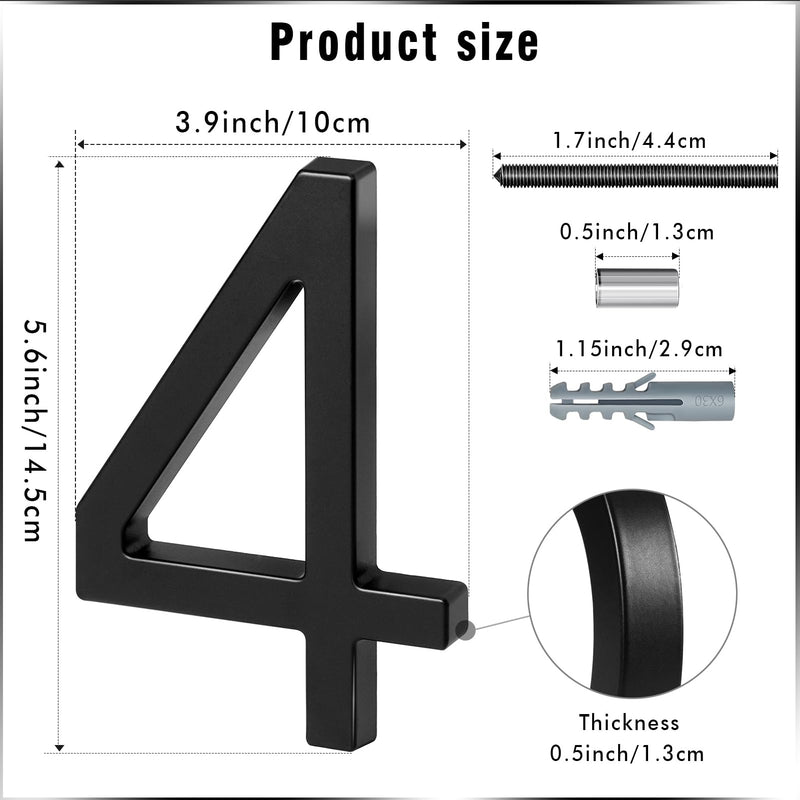 VONDERSO 6 Inch Floating House Numbers and Letters for Outside,Black Metal Modern Outdoor Address Sign for Yard Street and Mailbox, Zinc Alloy Solid Address Numbers and Letters,number 4 black 4 6 inch black