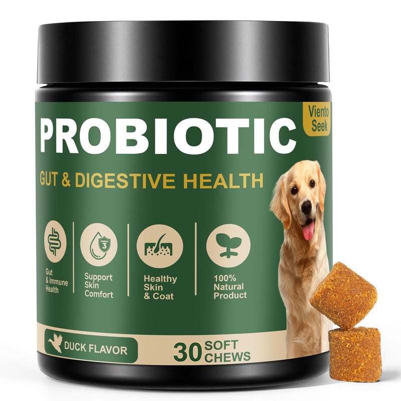 Probiotics for Dogs - Dog Probiotics for Yeast, Itchy Skin and Itchy Ears, Digestive Health, Diarrhea Relief, Gut & Immune Support - with 7 Enzymes, 3 Prebiotics & Omega-3 (Duck 30ct) 30 Soft Chews