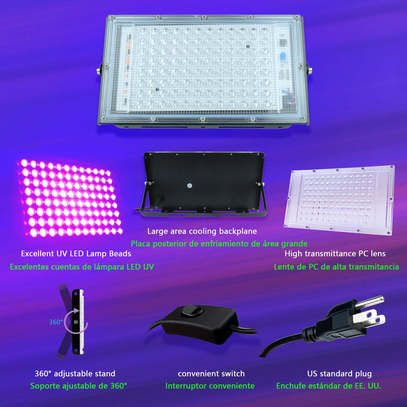 100W LED UV Black Light, Powerful UV Spotlight, IP66, 395nm UV Lamp for Christmas, Halloween Glow Party(2 Packs) 100W-2P