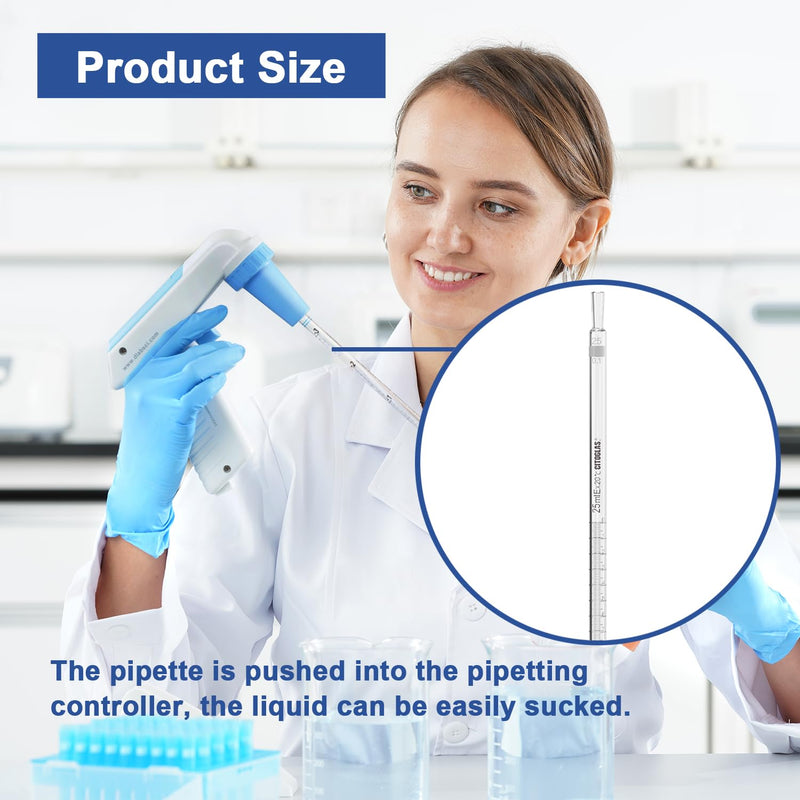 ONiLAB Glass Graduated Pipette, 25ml,Tolerance ±0.2ml, Standard Sodium Calcium Glass Pipettes for Transfer Liquid or Essentail Oil for Lab, Chemistry（10 pcs） 17900305