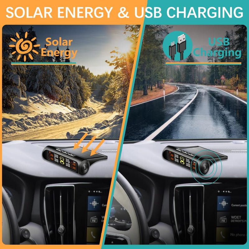 Tire Pressure Monitoring System - TPMS Tire Pressure Monitor System with Solar Charger, TPMS with 4 External sensors & 5 Alarm Modes, LCD Real-time Display, Auto Sleep Mode, Easy to Install(Orange) 4-Sensors-Red