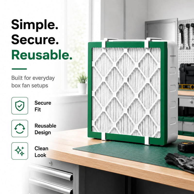 Updated 2 Sets Box Fan Filter Clips, Air Filter Holder Sealed No-Gap for 20 Inch Box Fan, Fits 20x20x1 Furnace Filter, Reusable Tool-Free Filter Kit, No Tape No Mess, White