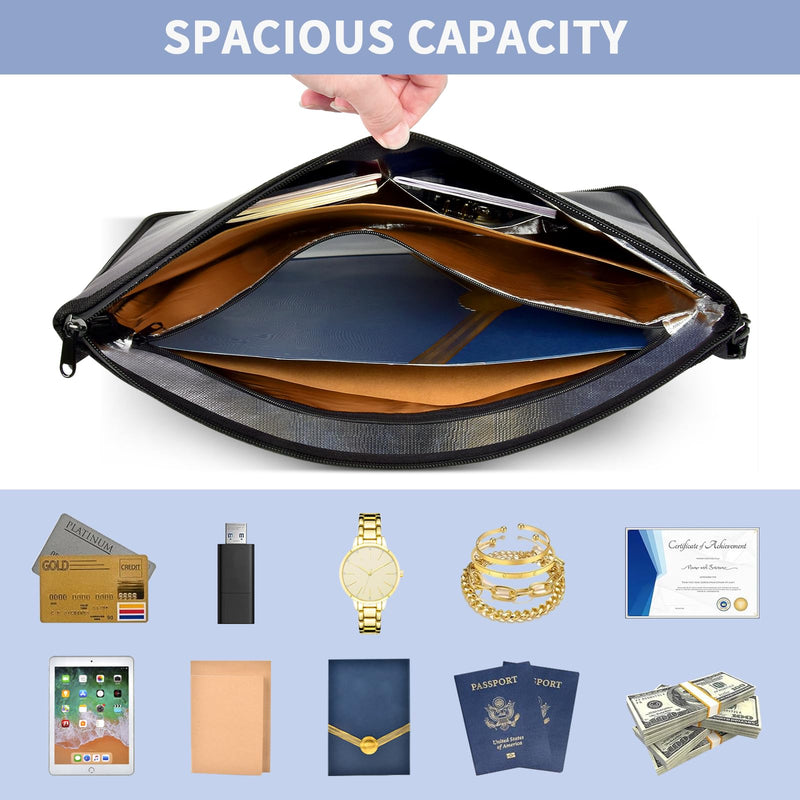 Fireproof Document Bag with Lock, 6400℉ Large Fire proof Money Bag (16.5"x12.2") for Cash Organizer Safe, 12-Layers Waterproof Zipper Holder Protects Passport, Important Documents, Valuables