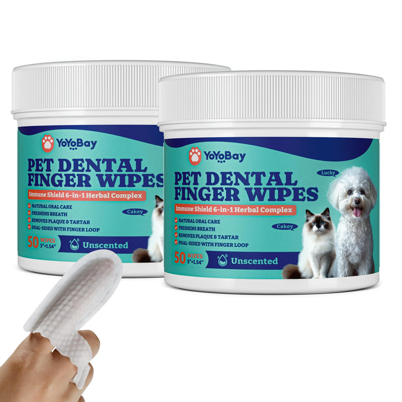 Dog Teeth Cleaning Wipes, Pet Finger Dental Wipes for Dogs & Cats, Dual-Sided, 6-in-1 Herbal Formula, Remove Plaque & Tartar, Freshen Breath, No-Rinse Toothbrush Wipes – 50 PCS x 2, Unflavored
