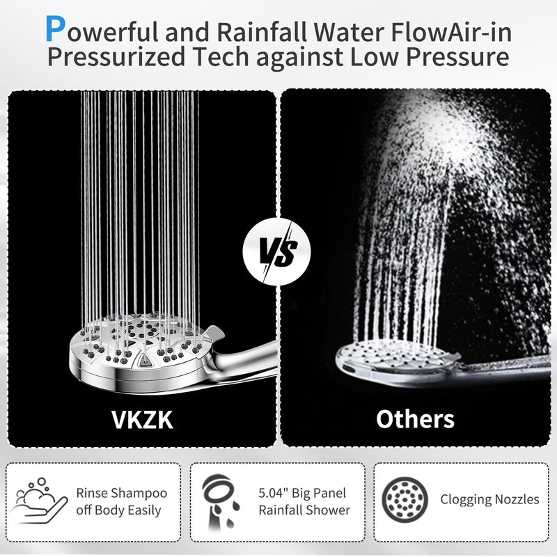 High Pressure 8-mode 5'' Handheld Shower Head with 5 ft Stainless Steel Hose and Adjustable Bracket, Built-in Power Wash to Clean Tub, Clean Corner,Tile & Pets Silver