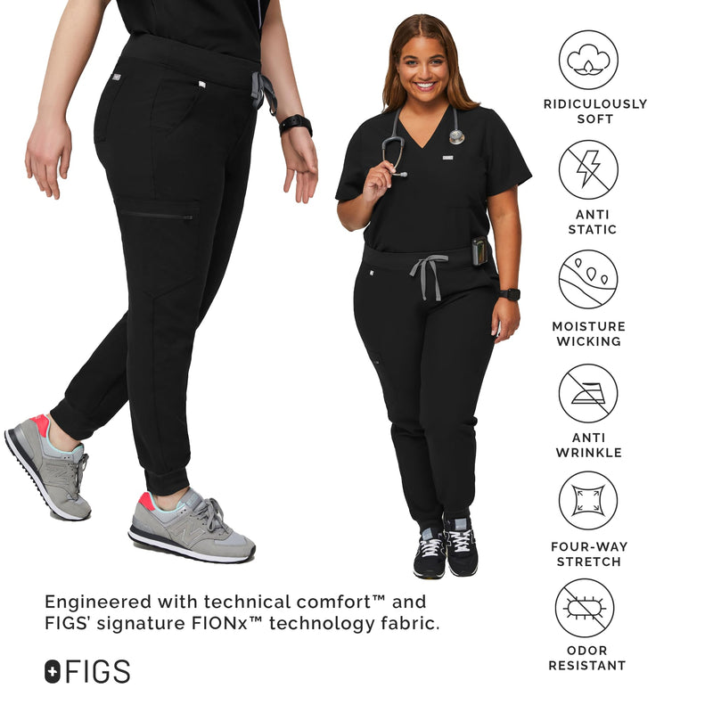 FIGS Zamora Jogger Style Scrub Pants for Women — Slim Fit, 6 Pockets, Yoga Waistband, Ribbed Ankle Cuffs, Anti-Wrinkle Petite Small Black - NewNest Australia