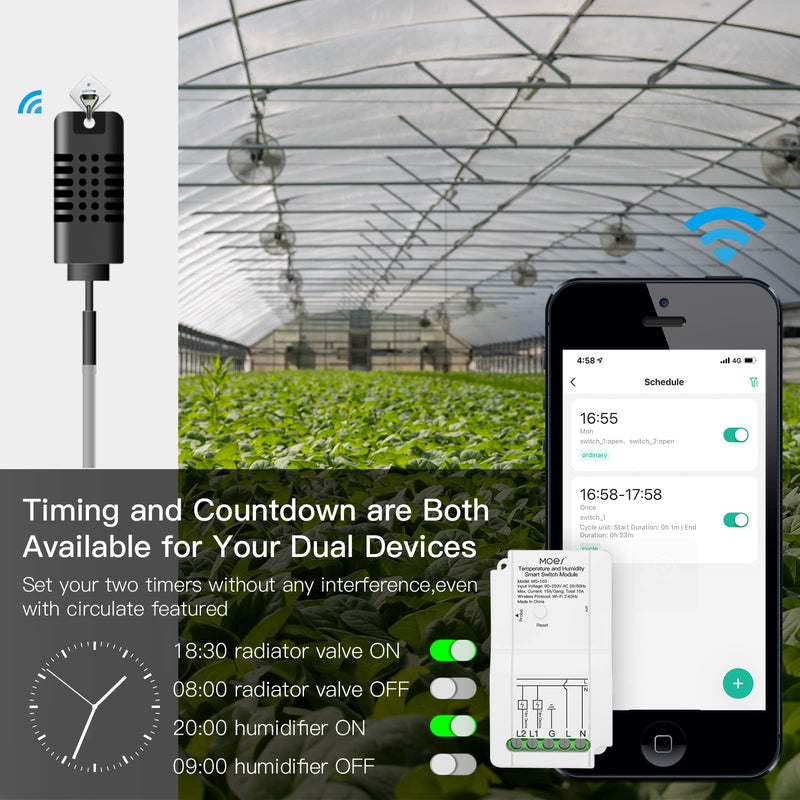 MOES WiFi Smart Temperature Switch Module Sensor with Waterproof Probe, Dual Relay Output Controller, Smart Life Tuya App Remote Control, Programmable Thermostats Kit Works with Alexa Google Assistant Switch Module + Waterproof Temperature Probe