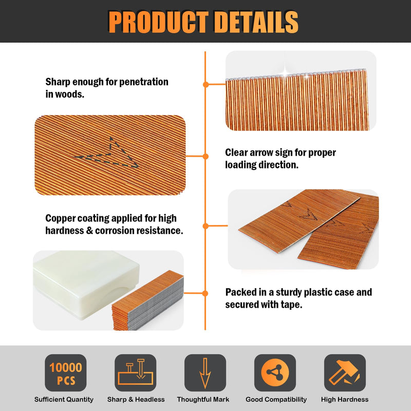 P612 Headless Pin Nails, 23 Gauge 1/2'' (12mm) Leg Length, Copper Coating, 10,000 PCS/BOX, Pin Nails & Fasteners for Pneumatic Pin Nailer Air Pin Nail Gun P612 Copper Pin Nails (1/2'', 12mm)
