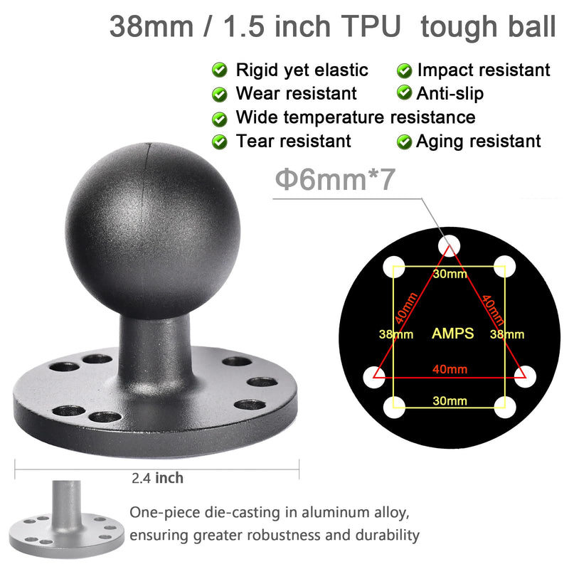VAUBORTTI Aluminum 1.5" Ball Mount for Garmin Striker 4 Fish Finder, Tablet GPS iPad Marine Truck Use,Compatible with RAM C Size, 2 AMPS Round Plate & T-Bolt for Kayak or Boat Track Rail Mounting