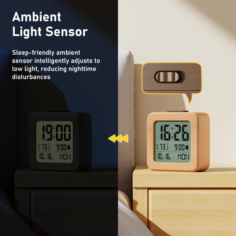 CHEREEKI Battery Operated Clock with Real Wood Case, Loud Alarm, Snooze, Automatic Light Sensor, Temperature, Date and Day of the Week Display (3 AAA Batteries Included)