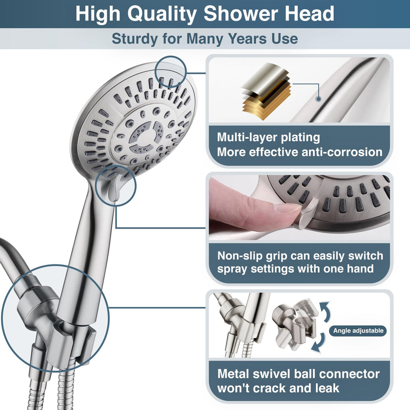 BRIGHT SHOWERS 9 Spray Settings Shower Head with Handheld High Pressure Brushed Nickel Hand Held Showerhead with 60 Inch Stainless Steel Hose and Adjustable Overhead Bracket 2.5 Gallon Per Minute
