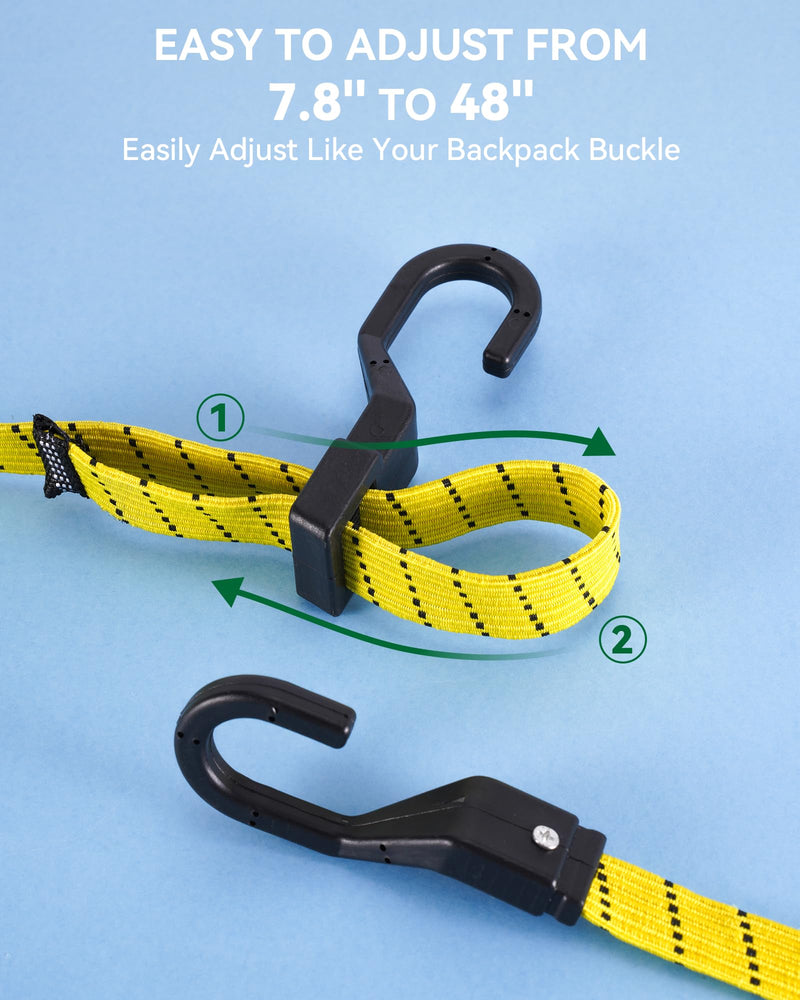 6 Pcs 48 Inch Flat Adjustable Bungee Cords with Hooks, 3X Faster to Adjust The Length, Lucky Straps Black/Yellow Heavy Duty Bungee Straps for Cargo, Bike, Cart, Tent, Truck, Camping, Outdoor, etc