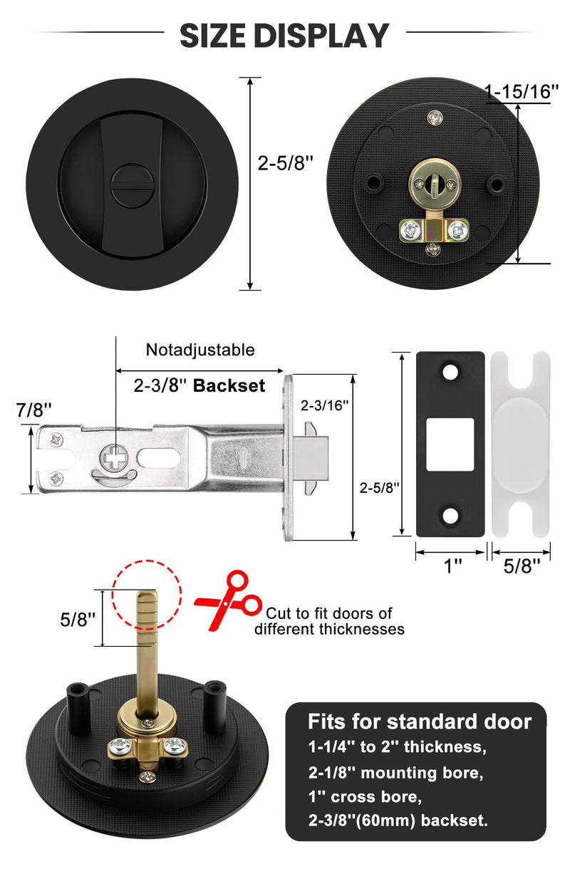 goldenwarm Matte Black Round Pocket Door Lock, Pocket Door Hardware for 2-1/8'' Round Bore Hole, Pocket Door Handles Fit 1-1/4'' to 2'' Thickness Sliding Door 2-3/8'' Latch 1 Pack Classic 1 Pack
