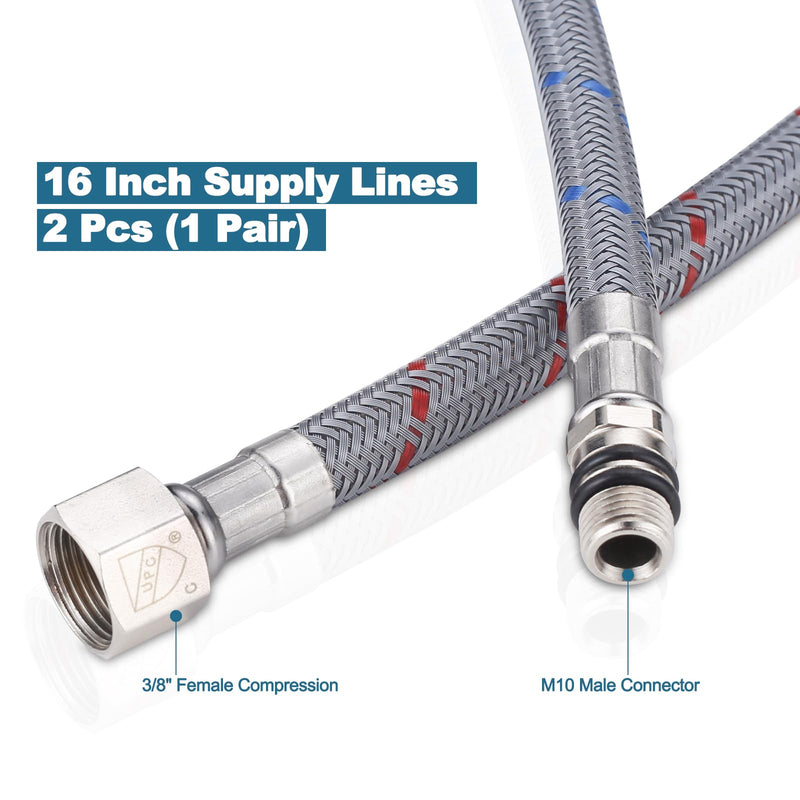 WOWOW 16" Length Faucet Supply Line, Bathroom Kitchen Faucet Lines Braided Nylon Sink Hose,cUPC Faucet Supply Lines 3/8" Female Compression Thread × M10 Male Connector 2Pcs (1 Pair) 16 Inch