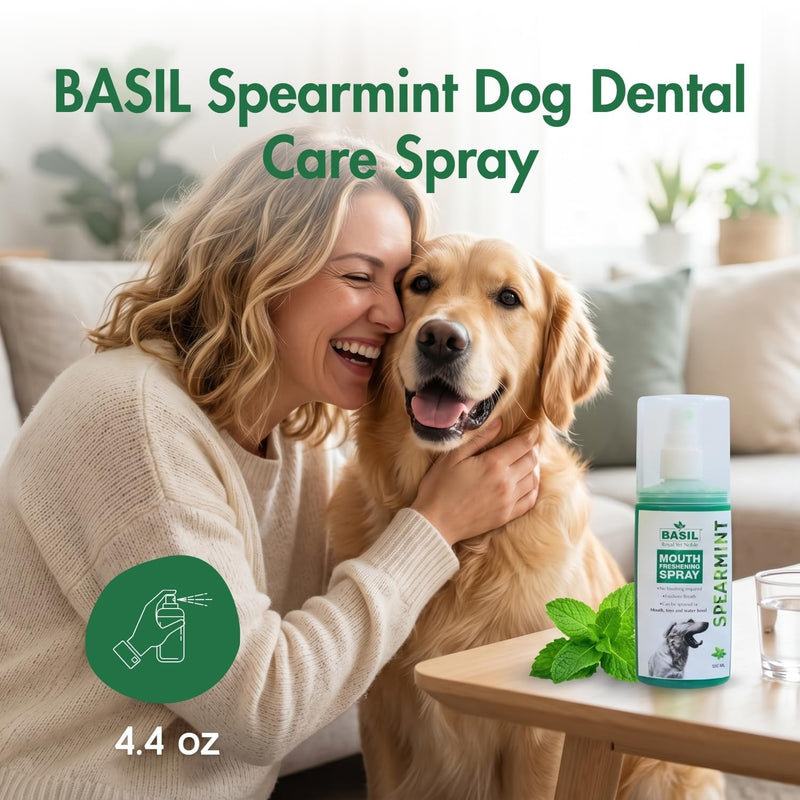 BASIL Dog Dental Spray for Teeth Cleaning & Bad Breath | Spearmint Fresh Breath for Dogs | Teeth and Gum Care | Easy-to-Use Pet Dental Spray for Everyday Use - (4.4 oz)