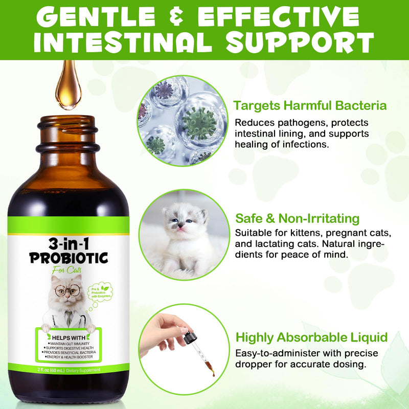 3 in 1 Probiotics for Cats, Cat Digestive Support,Daily Digestive Health Supplement with Multiple Strains of Bacteria Help with Diarrhea,Gas and Bloating, Cat Herbal Supplements- 60ml